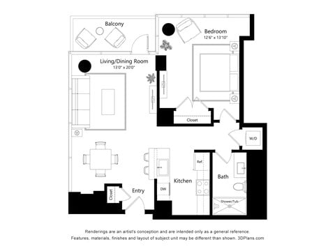 Floor plan for 1 bed, 1 bath, 773 sqft